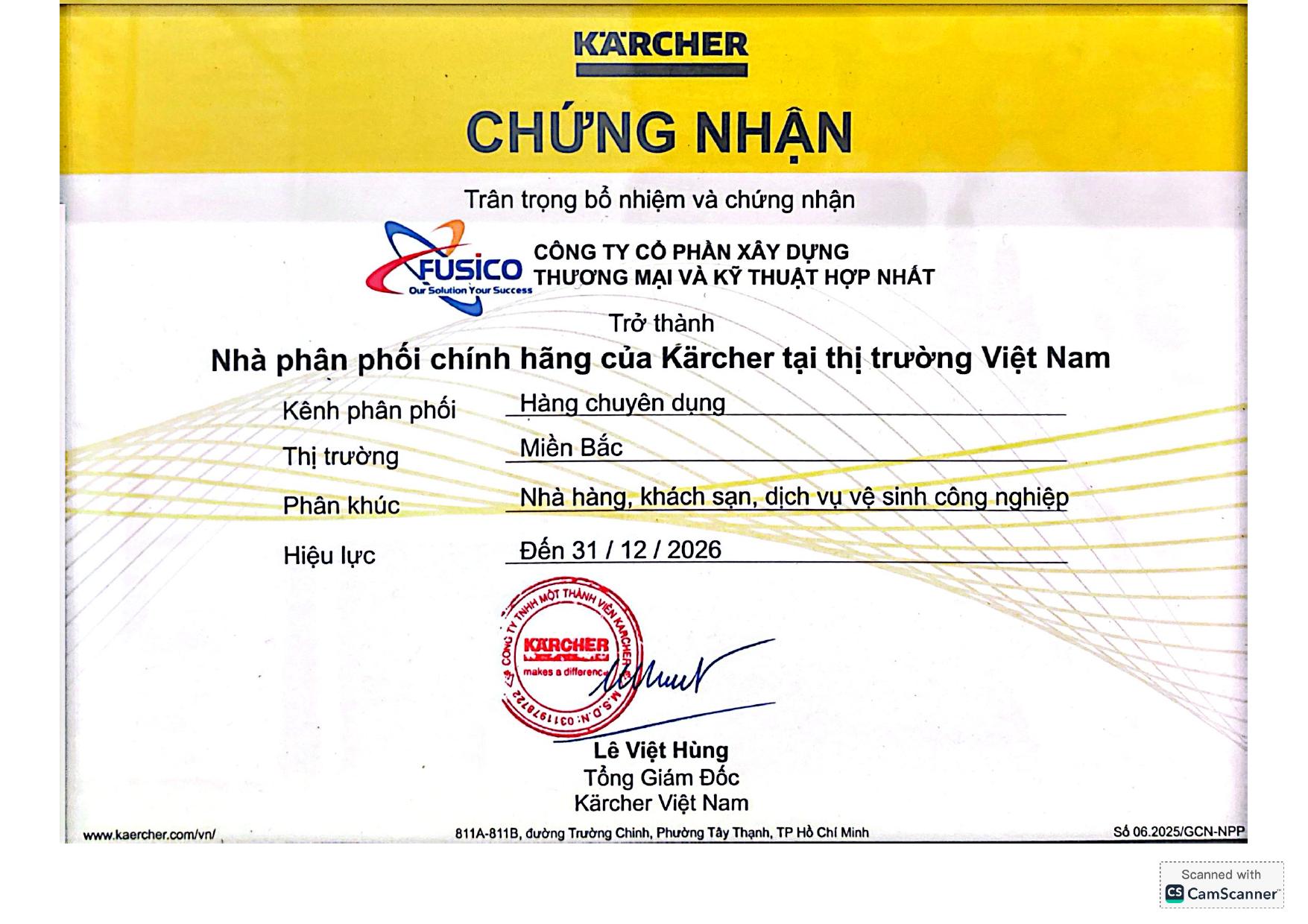 Giấy chứng nhận phân phối Karcher