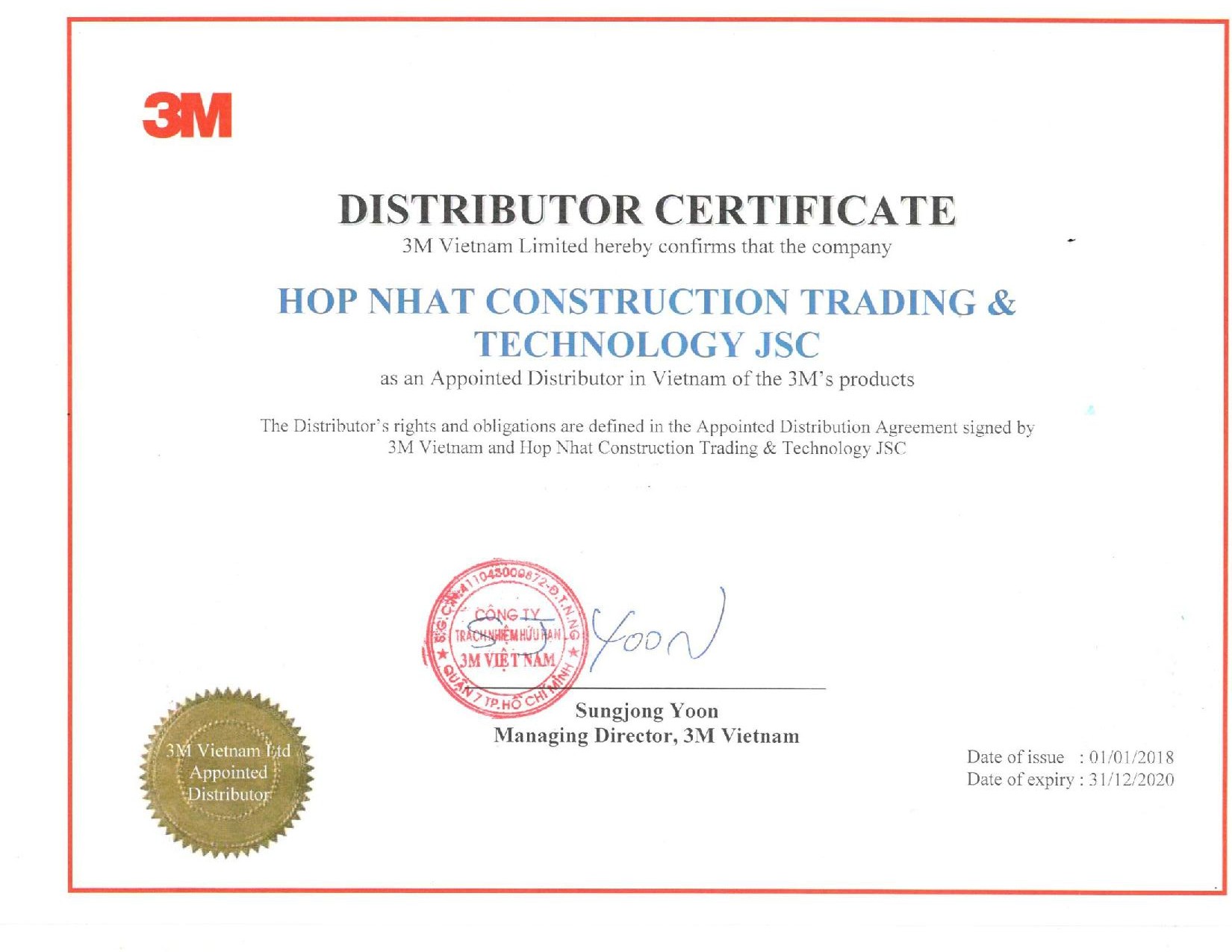 Giấy chứng nhận nhà phân phối hàng 3M Công ty Hợp Nhất Fusico