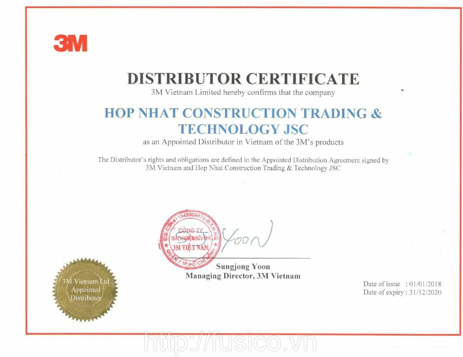 Giấy chứng nhận phân phối 3M của công ty Hợp Nhất Fusico JSC